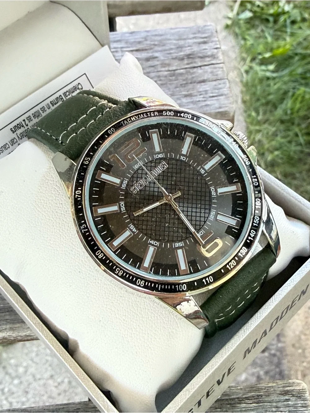 Steve Madden Green Leather Strap Men's Watch with Silver Case